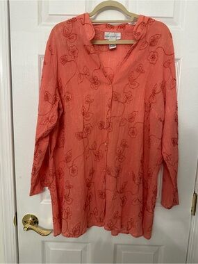 Susan Graver Style Coral‎ Pink Floral Embroidered Metallic Stripe Tunic Top 2X